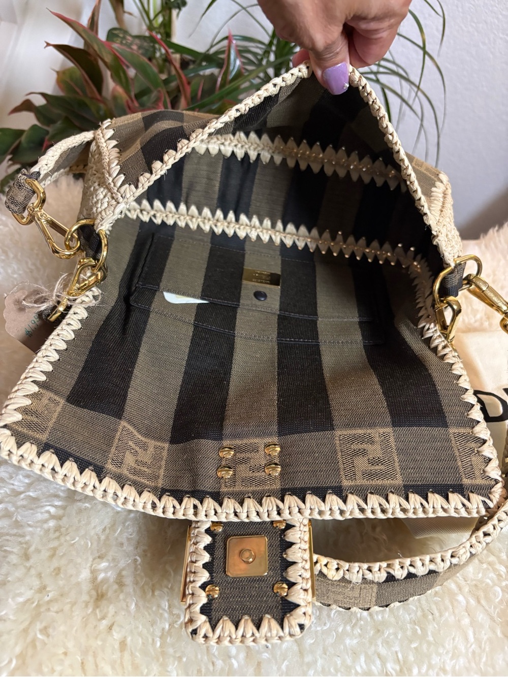 FENDI Fabric Jacquard Raffia Straw Pequin Gingham Woven Baguette Beige Black - Picture 12 of 16